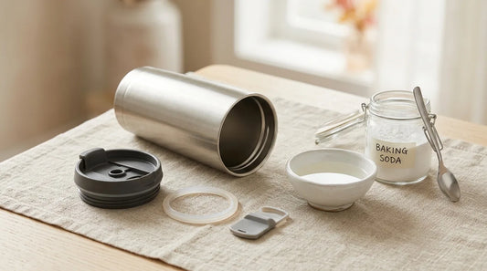 Disassembled stainless steel coffee tumbler with silicone gasket, baking soda jar, and white vinegar bowl on a linen tablecloth — coffee tumbler odor removal setup