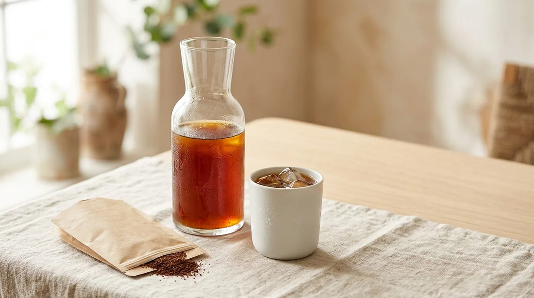 Glass cold brew carafe filled with rich amber concentrate beside an iced cold brew cup on a light wood table with linen