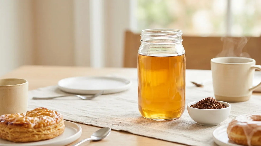 Clear amber cold brew concentrate in a glass jar beside a small bowl of coarse coffee grounds on a linen-covered light wood table