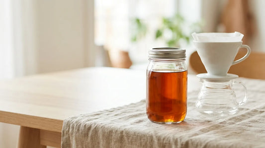 Clear glass mason jar of deep amber cold brew coffee concentrate beside a white ceramic cone dripper with paper filter on a light wood table
