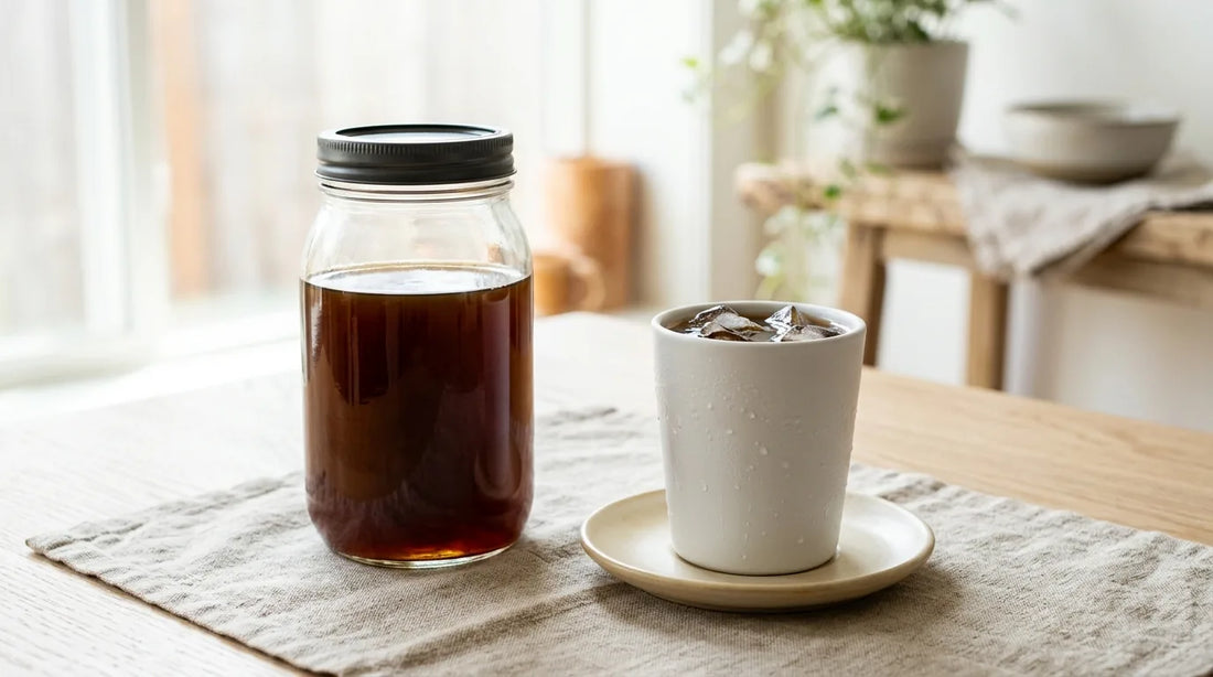Clear glass mason jar of cold brew coffee concentrate beside an iced coffee glass on a linen tablecloth