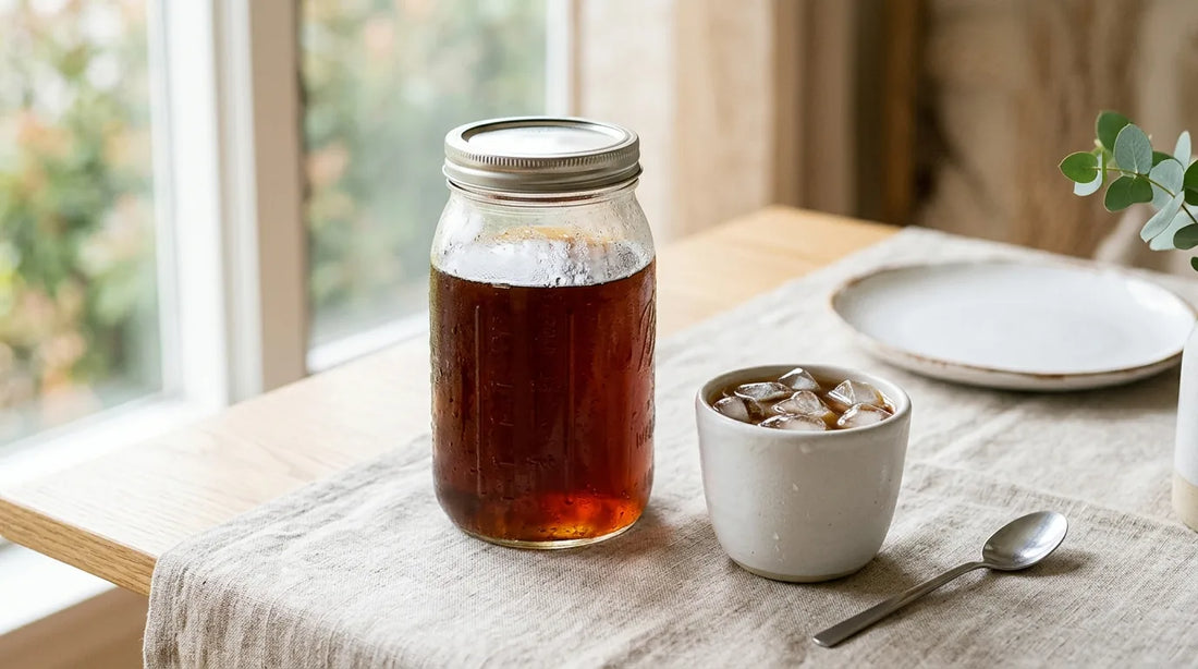 Glass mason jar of cold brew concentrate beside a white ceramic iced coffee cup on a light wood table with linen cloth