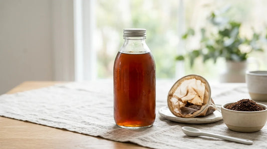 Clear glass bottle of cold brew concentrate beside a fine-mesh nylon reusable filter bag on a linen-covered light wood table