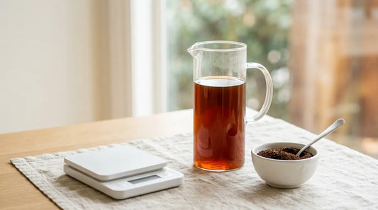 Tall glass cold brew pitcher filled with amber concentrate beside a bowl of coarse coffee grounds and a kitchen scale on a light wood table