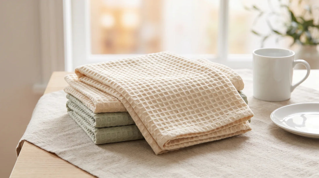 Stack of folded 100% cotton waffle weave kitchen towels in cream and sage on a light wood table beside a white ceramic mug