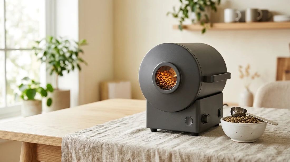 Compact countertop drum coffee roaster with raw green coffee beans in a white ceramic bowl on a light wood table