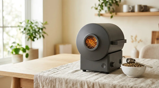 Compact countertop drum coffee roaster with raw green coffee beans in a white ceramic bowl on a light wood table