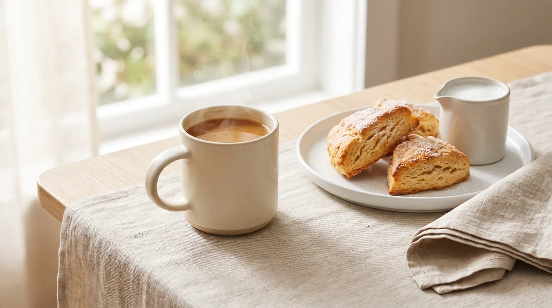 Cream stoneware mug with steaming coffee beside golden-brown flaky scones on a white ceramic plate on a linen-covered light wood table