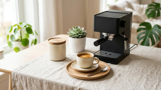 Cozy home café corner with warm cream stoneware espresso cup, matte black espresso machine, ceramic canister, and small succulent on a linen-lined wooden tray