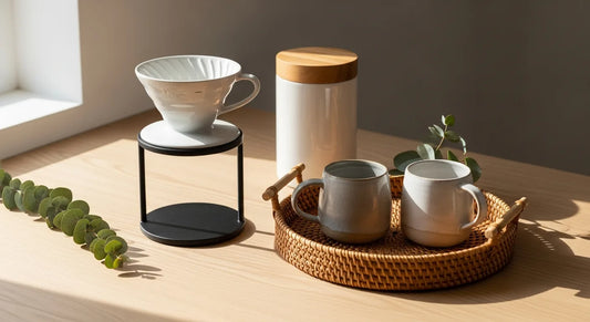 Compact home café corner with pour-over dripper, stoneware mugs, and rattan tray on an oak countertop