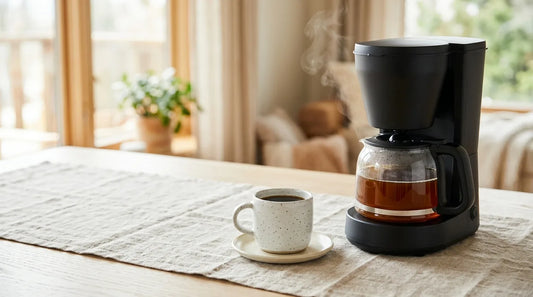 Modern drip coffee maker with glass carafe and white ceramic mug on a light wood table — coffee maker troubleshooting guide