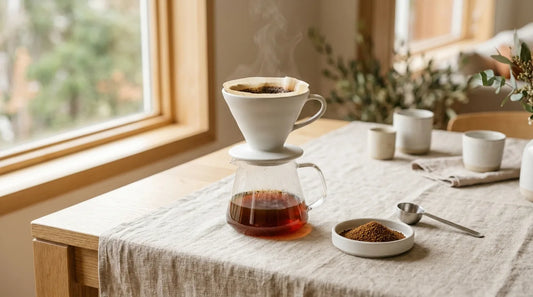 Matte white drip coffee maker with a glass carafe of brewed coffee on a linen tablecloth, naturally lit editorial style