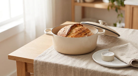Cream enameled cast-iron Dutch oven with lid ajar revealing a golden-brown artisan bread boule on a linen-covered light wood table