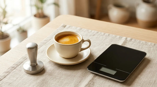 Espresso troubleshooting setup — cream stoneware cup with golden crema beside a stainless steel tamper and digital scale on a linen tablecloth