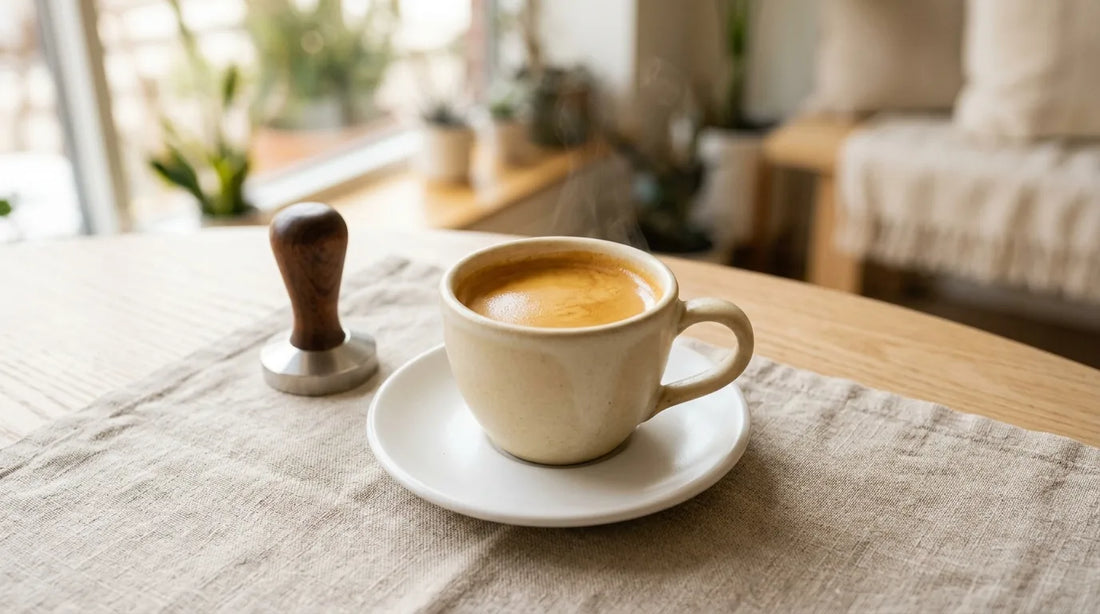 Freshly pulled double espresso with golden crema in a cream stoneware demitasse cup on a linen tablecloth