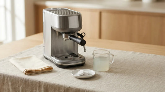 Espresso machine with effervescent cleaning tablets and solution in a white ceramic dish on a light wood table for home coffee maintenance