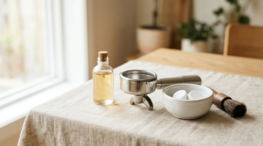 Espresso machine maintenance tools — portafilter basket, cleaning tablets, and group head brush — arranged on a linen tablecloth