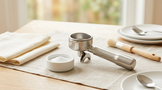 Stainless portafilter with blind basket, group head brush, and cleaning powder in a white ceramic dish arranged on a linen tablecloth for an espresso machine deep clean