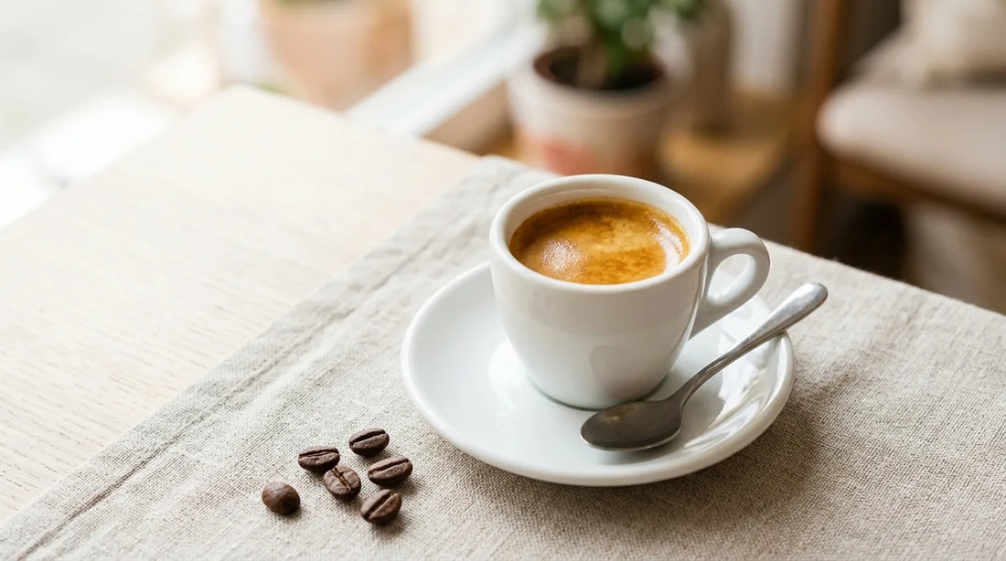 Freshly pulled double espresso in a white ceramic demitasse cup with golden-hazel crema on a linen tablecloth