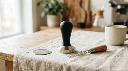 Calibrated espresso tamper, WDT needle tool, and puck screen arranged on a linen tablecloth over a light wood table