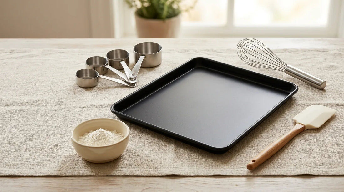 Flat-lay of essential home baking utensils including a nonstick baking sheet, silicone spatula, balloon whisk, and stainless measuring cups on a linen tablecloth