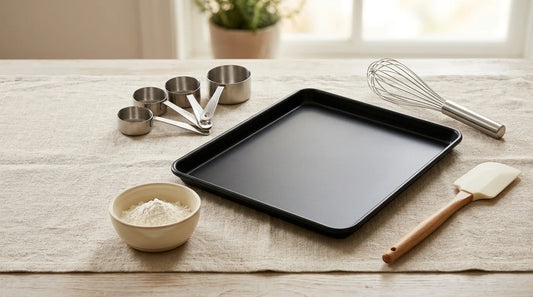 Flat-lay of essential home baking utensils including a nonstick baking sheet, silicone spatula, balloon whisk, and stainless measuring cups on a linen tablecloth