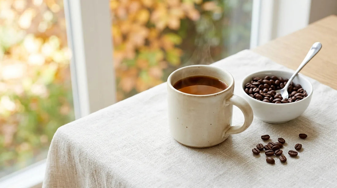 Warm cream stoneware mug of freshly brewed coffee beside a white ceramic bowl of whole roasted beans on a linen-covered light wood table for fall mornings