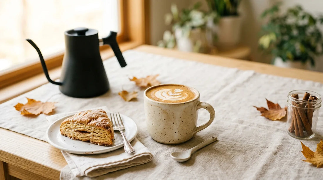 Cream stoneware latte mug with microfoam swirl beside a golden-brown cinnamon scone on a light wood café counter with autumn leaves and a matte black gooseneck kettle