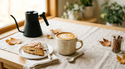 Cream stoneware latte mug with microfoam swirl beside a golden-brown cinnamon scone on a light wood café counter with autumn leaves and a matte black gooseneck kettle