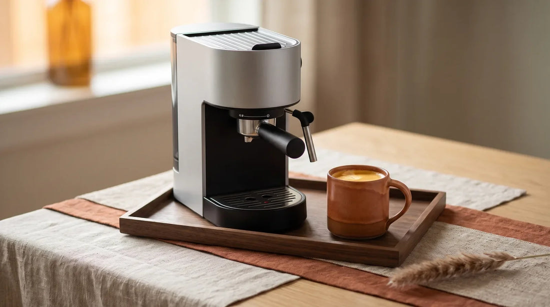 Fall home café station with a compact fully automatic espresso machine, terracotta stoneware mug with crema, and dark walnut tray on a rust linen runner