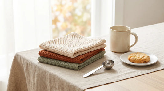 Waffle-weave kitchen dish towels in cream, rust, and sage folded on a light wood table with a stoneware mug — fall kitchen linen refresh