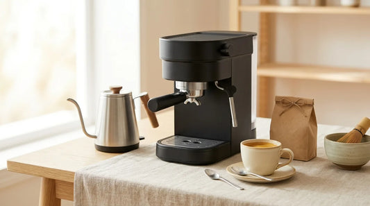 Curated Father's Day home café gift arrangement with a matte espresso machine, gooseneck kettle, cream ceramic espresso cup, and matcha bowl on a linen-covered light wood table