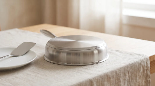 Thick-base stainless steel pan resting flat on a linen tablecloth — warped pan prevention cookware guide
