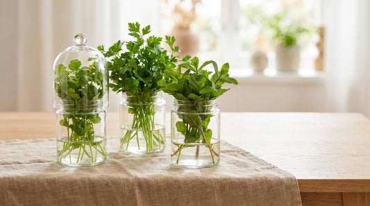 Three unbranded glass jars holding fresh parsley, cilantro, and mint in 1 inch of water on a linen-covered light wood table
