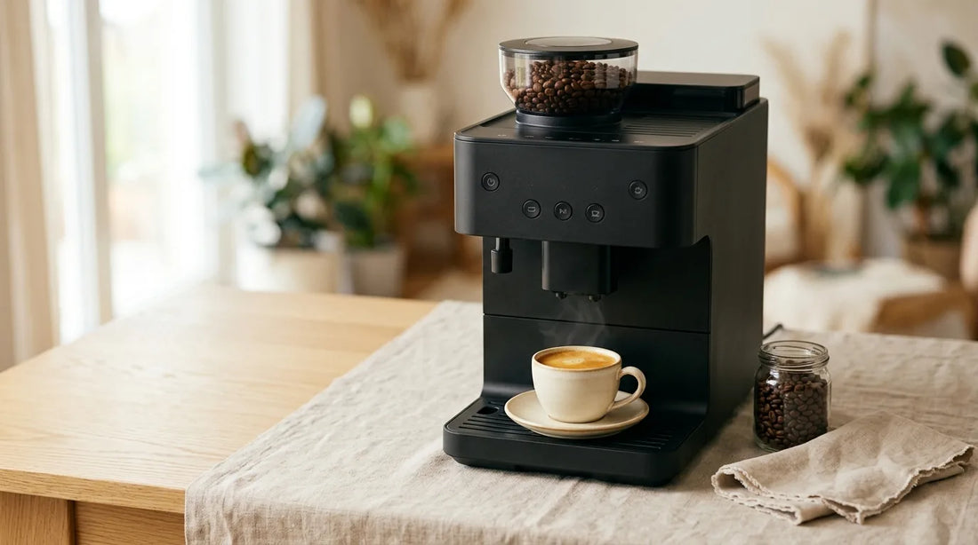 Sleek fully automatic espresso machine on a light wood table with a cream stoneware demitasse cup of espresso, whole coffee beans in a glass jar, and a folded linen napkin
