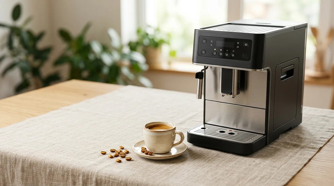 Fully automatic espresso machine beside a cream stoneware espresso cup with golden crema on a linen-covered light wood table