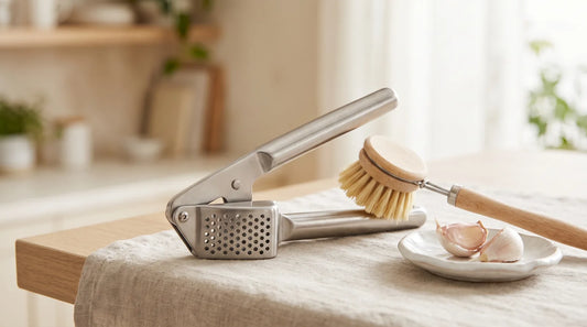 Stainless steel garlic press open on a linen tablecloth beside a stiff dish brush and fresh garlic cloves