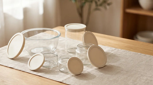 Borosilicate glass food storage containers with fitted lids arranged on a linen tablecloth in natural light