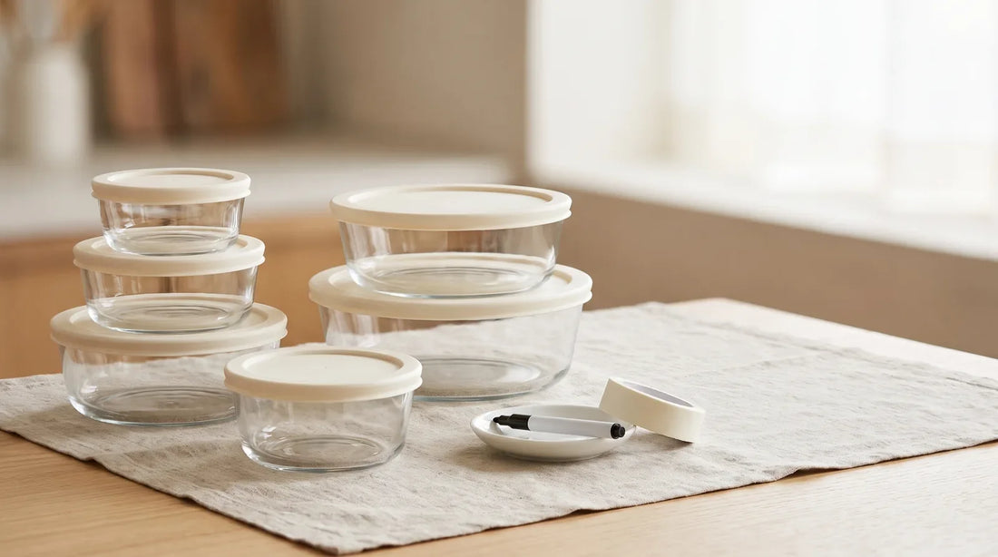 Collection of clear glass food storage containers in small, medium, and large sizes with cream airtight lids arranged on a linen cloth over a light wood countertop, with a dry-erase marker and masking tape beside them