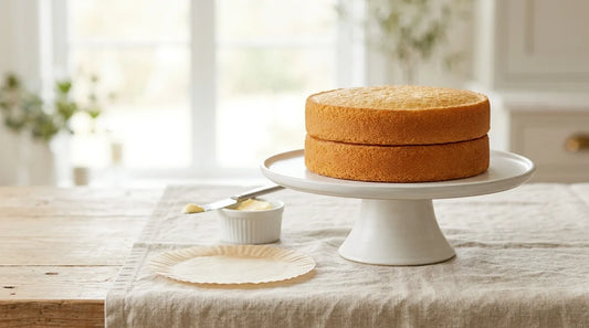 Freshly baked golden layer cake released cleanly onto a white ceramic cake stand on a linen tablecloth with parchment paper beside it