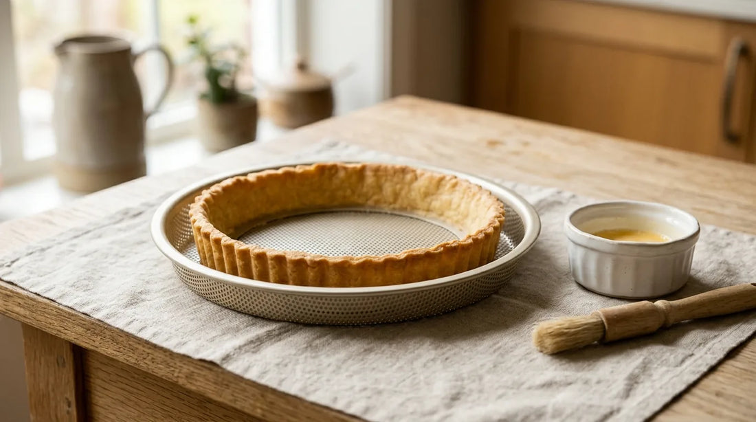 Blind-baked golden tart shell in a perforated loose-bottom tart pan with egg wash ramekin and pastry brush on a linen tablecloth