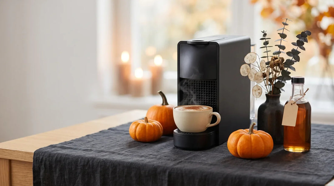 Halloween-themed home café bar station with a matte-black espresso machine, a cream latte with cinnamon dusting, mini pumpkins, and dried botanicals on a dark charcoal linen tablecloth
