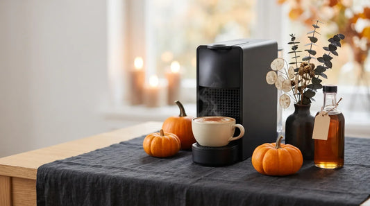 Halloween-themed home café bar station with a matte-black espresso machine, a cream latte with cinnamon dusting, mini pumpkins, and dried botanicals on a dark charcoal linen tablecloth