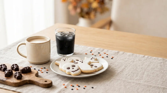 Halloween home café spread with charcoal cold brew in a clear glass, ghost and skull shortbread cookies, molded dark chocolate skull pieces, and orange sprinkles on a linen-covered wood table