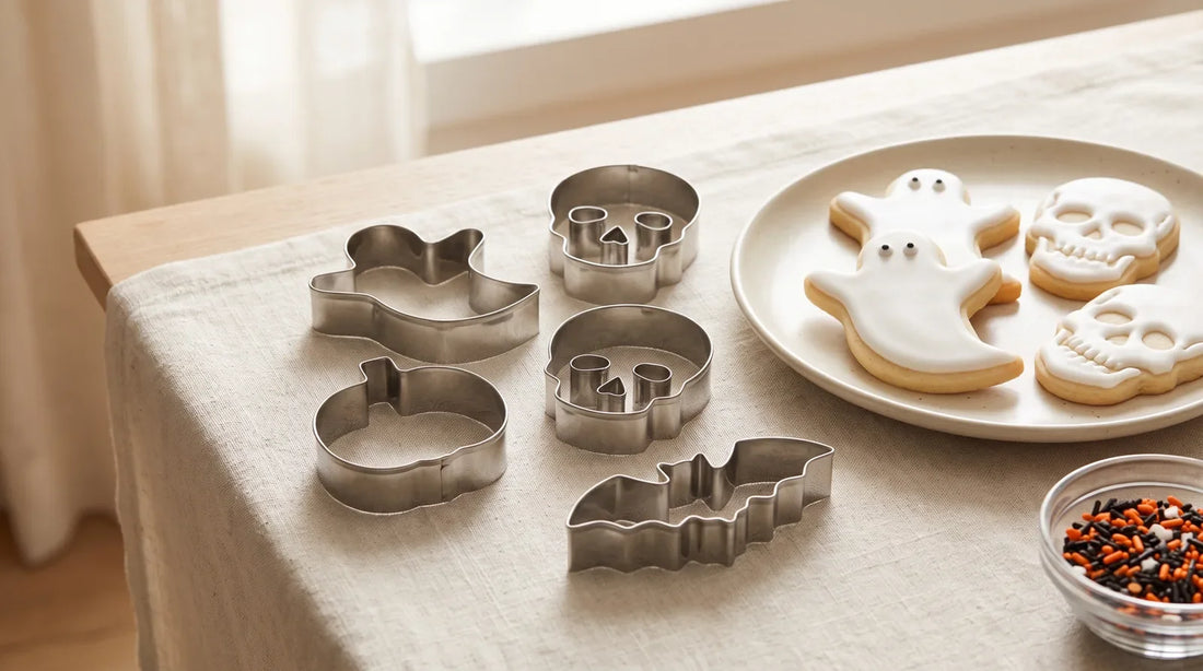 Stainless steel Halloween cookie cutters in ghost, skull, pumpkin, and bat shapes arranged on a linen tablecloth beside white-iced ghost and skull sugar cookies and orange sprinkles