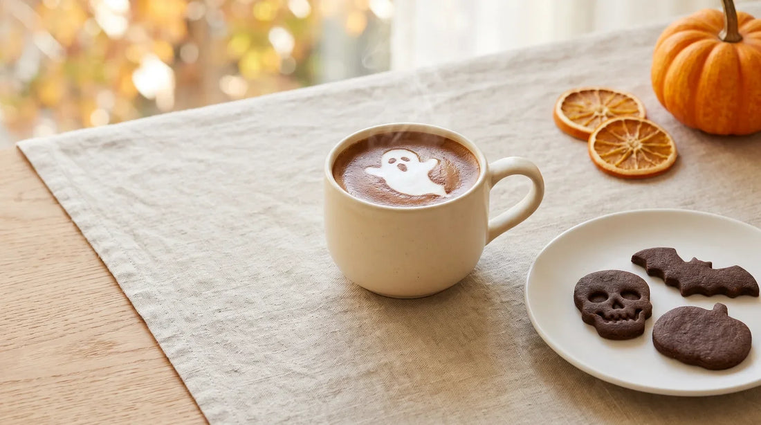 Halloween home café spread with a dark ghost-foam latte and skull-shaped shortbread cookies on a light wood table