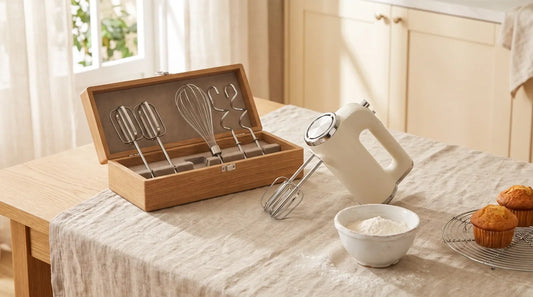 Compact electric hand mixer beside open storage case with five stainless steel attachments on a linen-covered light wood table, with ceramic bowl and golden muffins