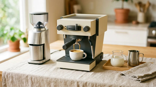 Home café setup with espresso machine, burr grinder, and white stoneware espresso cup on a linen-covered light wood table — fall 2026 station layout