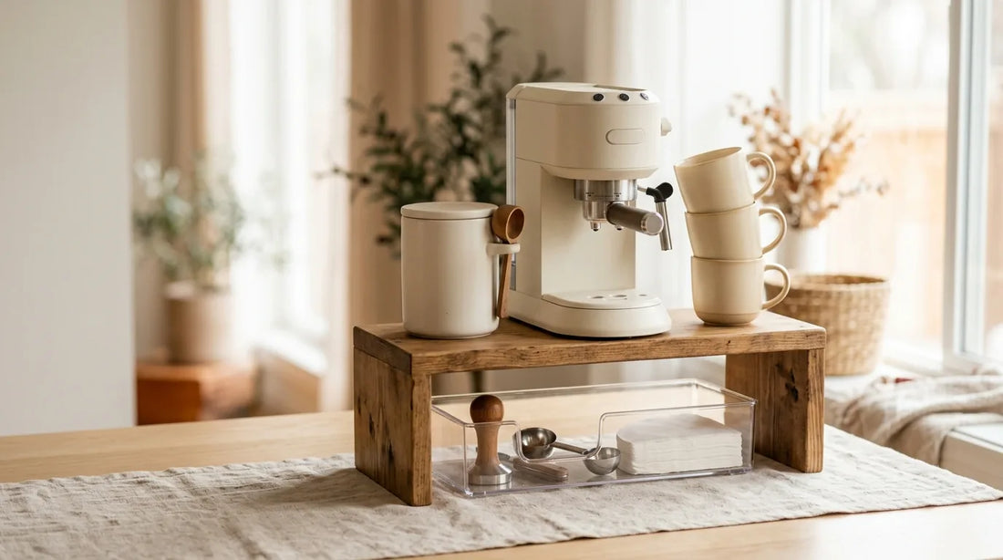 Styled home café shelf with rustic wood tiered bench, cream espresso machine, stoneware mugs, and accessory bin arranged for hot brew season