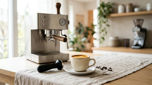 Cream stoneware espresso cup with golden-amber crema on a linen tablecloth beside a matte tamper and brushed-steel espresso machine